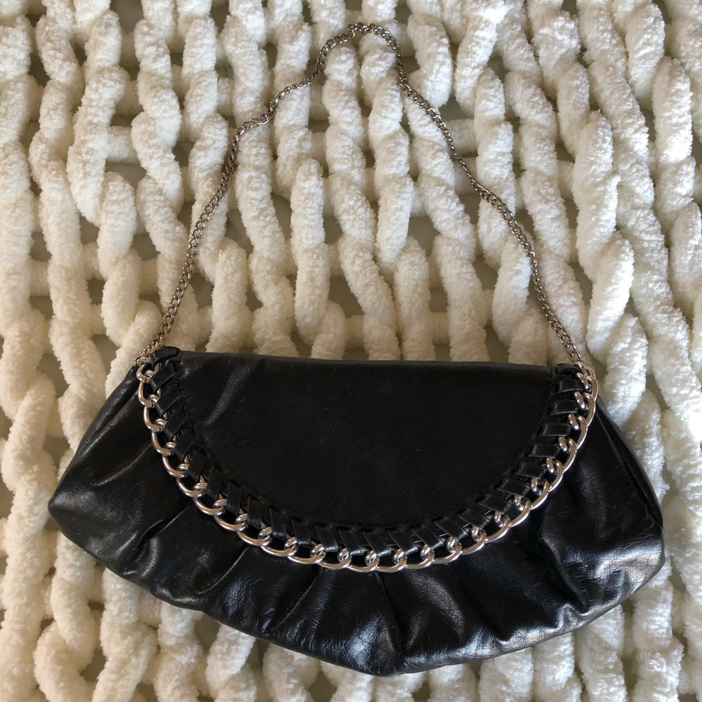 Black Faux Leather Handbag with Chain Strap